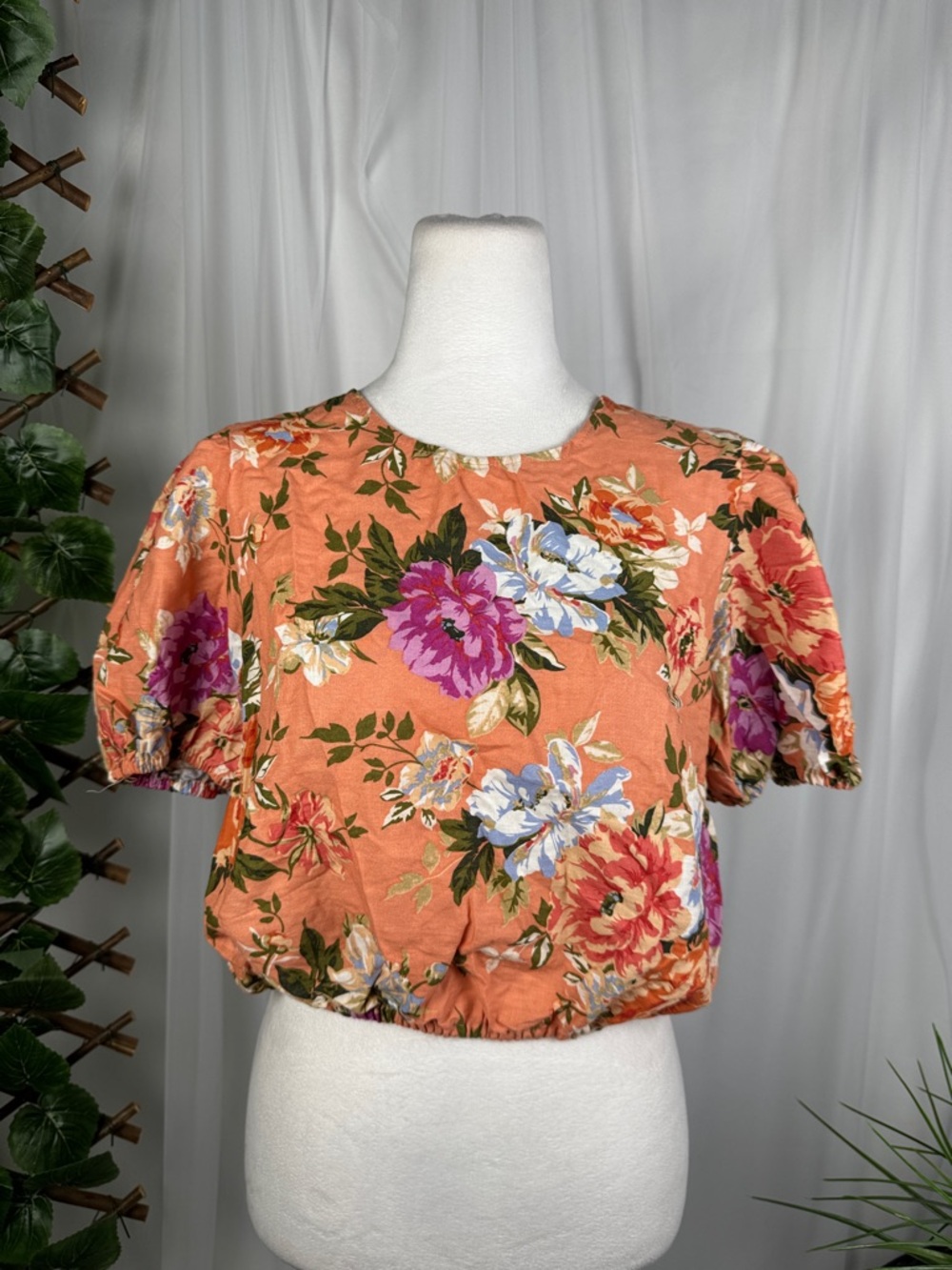 RACHEL Rachel Roy Coral Floral Puff-Sleeve Crop Top